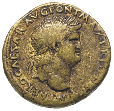 Neron 54-58, sestercja 66, Lugdunum, Aw: Popiersie cesarza w prawo, Rw: Widok świątyni Janusa, brąz 26.22 g, RIC 510