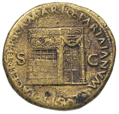Neron 54-58, sestercja 66, Lugdunum, Aw: Popiersie cesarza w prawo, Rw: Widok świątyni Janusa, brąz 26.22 g, RIC 510