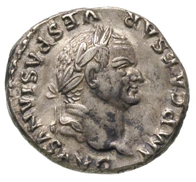 Wespazjan 69-79, denar 74, Aw: Głowa cesarza w prawo, Rw: Cesarz siedzący w prawo, trzymający gałązkę i berło, RIC 77, bardzo ładny