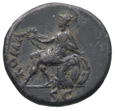 Tytus 79-81, as 80-81, Lugdunum, Aw: Głowa cesarza w prawo, Rw: Roma siedząca w lewo, wsparta ramieniem na tarczy i trzymająca parazonium oraz wieniec, brąz 12.65 g, RIC 183