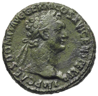 Domicjan 81-96, as 90-91, Rzym, Aw: Głowa cesarza w prawo, Rw: Moneta stojąca w lewo, trzymająca wagę i róg obfitości, brąz 12.45 g, RIC 395, zielona patyna
