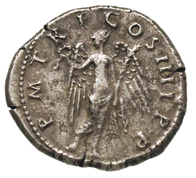Trajan 98-117, denar 101-102, Aw: Popiersie cesarza w prawo, Rw: Wiktoria krocząca w prawo, trzymająca wieniec i gałązkę, RIC nie notuje tej odmiany