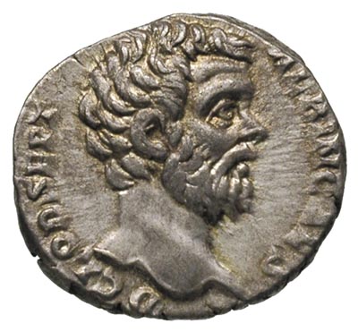 Klodiusz Albinus 195-197, denar 194, Rzym, Aw: Głowa cesarza w prawo, Rw: Minerwa stojąca w lewo z tarczą i włócznią, trzymająca gałązkę, RIC 7, rzadki