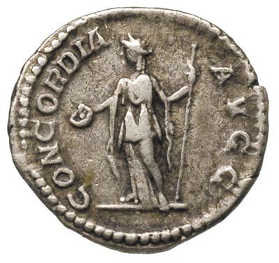 Plautilla- żona Karakalli, denar, Rzym, Aw: Popiersie Plautilli z upiętymi włosami w prawo, Rw: Concordia stojąca w lewo, trzymająca paterę i berło, RIC 363