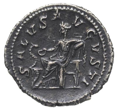 Maksymian Trak 235-238, denar 235-236, Rzym, Aw: Popiersie cesarza w prawo, Rw: Salus siedząca w lewo, wsparta ręką na oparciu i karmiąca węża wyłaniającego się z ołtarza, RIC 14, ciemna patyna