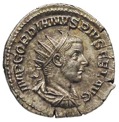 Gordian III 238-244, antoninian 241-243, Rzym, Aw: Popiersie cesarza w prawo, Rw: Sol stojący na wprost, patrzący w prawo, z jedną ręką uniesioną, w drugiej trzyma glob, 4.64 g, RIC 83, pięknie zachowany