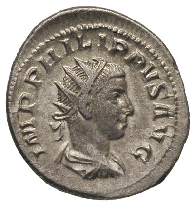 Filip II 247-249, antoninian 247-249, Rzym, Aw: Popiersie cezara w prawo, Rw: Filip I i Filip II siedzący na krzesłach kurulnych w lewo, 4.73 g, RIC 230
