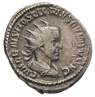 Hostylian 251, antoninian, Rzym, Aw: Popiersie cesarza w prawo, Rw: Cesarz ze sztandarem i włócznią stojący w lewo, RIC 182, bardzo rzadki
