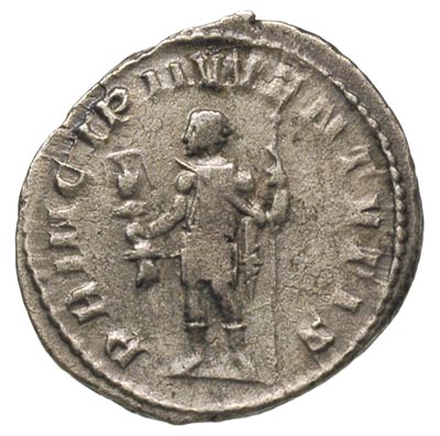 Hostylian 251, antoninian, Rzym, Aw: Popiersie cesarza w prawo, Rw: Cesarz ze sztandarem i włócznią stojący w lewo, RIC 182, bardzo rzadki
