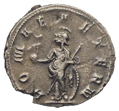 Emilian 253, antoninian, Rzym, Aw: Popiersie cesarza w prawo, Rw: Roma stojąca w lewo, trzymająca feniksa na globie i włócznię, u boku tarcza, RIC 9, rzadki, ładna patyna