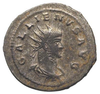 Gallien 253-268, antoninian bilonowy, mennica w Azji, Aw: Popiersie cesarza w prawo, Rw: Wilczyca karmiąca bliźnięta, poniżej liść palmowy, RIC 628, patyna