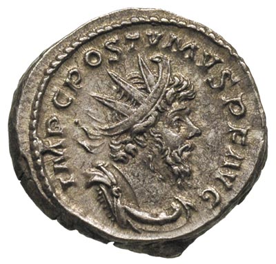 Postumus 260-269, antoninian bilonowy, Lugdunum, Aw: Popiersie cesarza w prawo, Rw: Cesarz stojący w prawo, trzymający włócznię i glob, RIC 83, ładnie zachowany