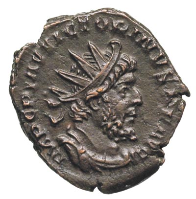 Wiktorinus 269-271, antoninian bilonowy, Kolonia, Aw: Popiersie cesarza w prawo, Rw: Pax stojąca w lewo, trzymająca gałązkę oliwną i berło, w polu V i gwiazdka, RIC 116, piękny egzemplarz