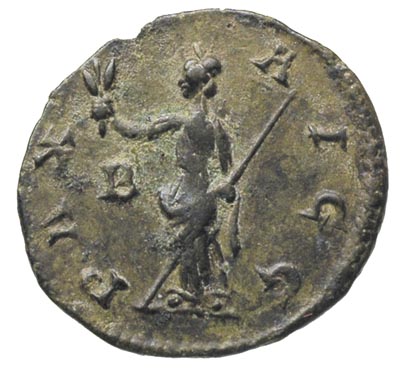 Karus 282-283, antoninian bilonowy, Lugdunum, Aw: Popiersie cesarza w prawo, Rw: Pax stojąca w lewo, trzymająca gałązkę i berło, w polu z lewej litera B, RIC 12, patyna