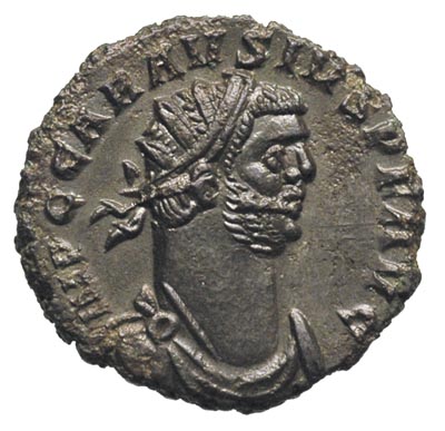 Karauzjusz 287-293, antoninian bilonowy, Aw: Popiersie cesarza w prawo, Rw: Pax stojąca w lewo, trzymająca gałązkę oliwną i berło, w polu litery S i C, RIC 475, rzadki piękny portret, bardzo ładnie zachowane
