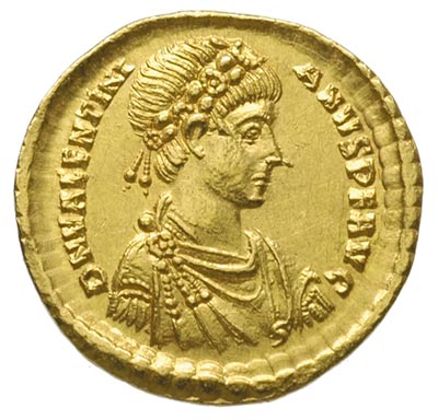 Walentynian II 375-392, solidus 383-388, Konstantynopol, Aw: Popiersie cesarza w prawo, Rw: Constantinopolis siedząca na tronie na wprost, trzymająca berło i glob, w odcinku CONOB, złoto 4.51 g, RIC 67b (R), rzadki