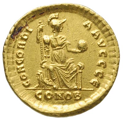 Walentynian II 375-392, solidus 383-388, Konstantynopol, Aw: Popiersie cesarza w prawo, Rw: Constantinopolis siedząca na tronie na wprost, trzymająca berło i glob, w odcinku CONOB, złoto 4.51 g, RIC 67b (R), rzadki