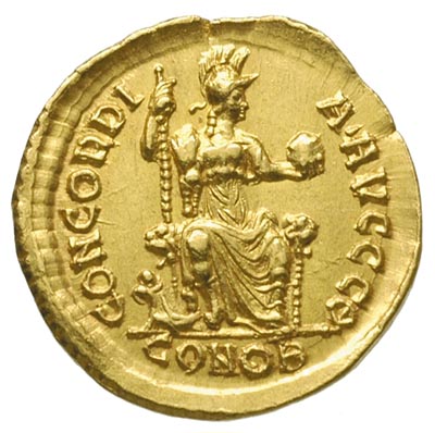 Arkadiusz 383-408, solidus 383-388, Konstantynopol, Aw: Popiersie cesarza w prawo, Rw: Constantinopolis siedząca na tronie na wprost, trzymająca berło i glob, w odcinku CONOB, złoto 4.47 g, RIC 67c (R), rzadszy, ładnie zachowany