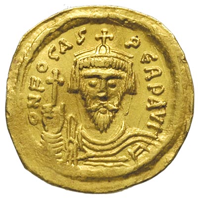Fokas 602-610, solidus, Konstantynopol, Aw: Popiersie cesarza na wprost, w ręku glob z krzyżem, Rw: Anioł stojący na wprost, trzymający pastorał i glob z krzyżem, złoto 4.30 g, Sear 616, lekko gięty