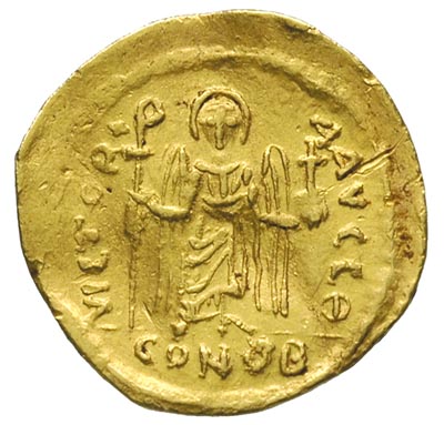 Fokas 602-610, solidus, Konstantynopol, Aw: Popiersie cesarza na wprost, w ręku glob z krzyżem, Rw: Anioł stojący na wprost, trzymający pastorał i glob z krzyżem, złoto 4.30 g, Sear 616, lekko gięty