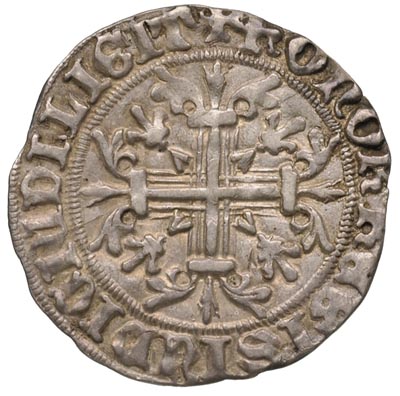 Prowansja - Robert d’Anjou 1309-1343, carlin, Aw: Król siedzący na tronie z lwów  na wprost, w otoku napis, Rw: Krzyż kwietny, w otoku napis HONOR REGIS IVDIE DILIGIT, srebro 3.91 g, Poey d’Avant 3977