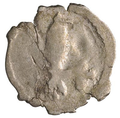 Witold 1392-1430, pieniądz litewski (denar) wybity po 1401, Aw: Grot włóczni z krzyżykiem, Rw: Kolumny Gedymina, srebro 0.34 g, lekko pęknięty krążek
