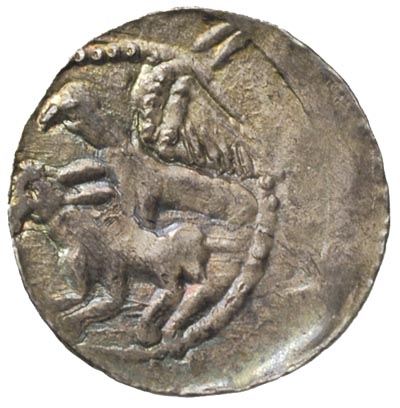 Władysław Wygnaniec 1138 - 1146 , denar, Aw: Rycerz zamierzający się na jeńca, Rw: Orzeł dławiący zająca, srebro 0.49 g, Stronczyński 43