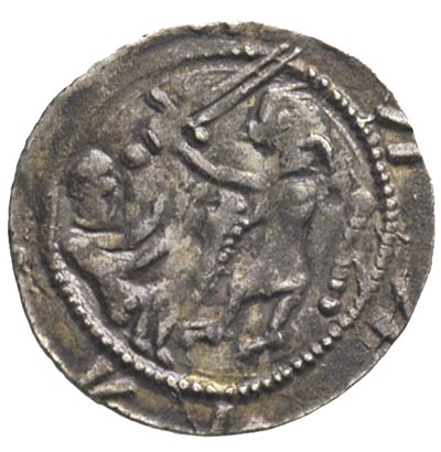 Władysław Wygnaniec 1138-1146, denar, Aw: Rycerz zamierzający się na jeńca, Rw :Orzeł dławiący zająca, w polu trzy kropki, srebro 0.45 g, Stronczyński 43
