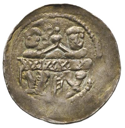 Bolesław Kędzierzawy 1146-1173, denar, Aw: Dwaj książęta za stołem, Rw: Rycerz z proporcem i tarczą, w polu po lewej stronie trzy kropki, srebro 0.54 g, Stronczyński 59