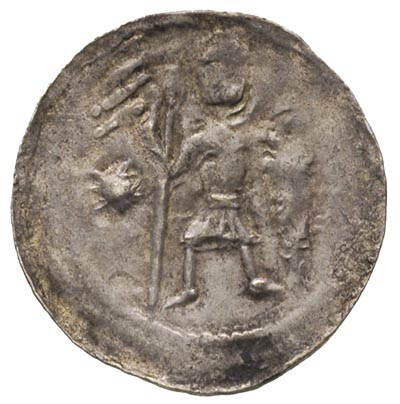 Bolesław Kędzierzawy 1146-1173, denar, Aw: Dwaj książęta za stołem, Rw: Rycerz z proporcem, w polu słoneczko, srebro 0.54 g, Stronczyński 59