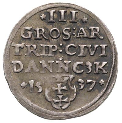 trojak 1537 Gdańsk, moneta z aukcji Münzen und Medaillen, Bazylea 1998 r. (zbiór Cahna),  T. 2, piękny egzemplarz, patyna