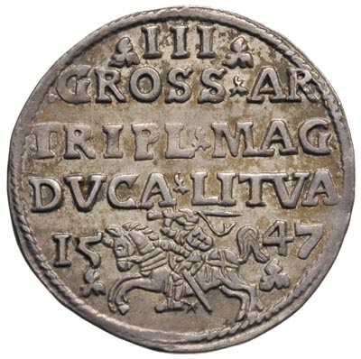 trojak 1547 Wilno, moneta z aukcji Münzen und Medaillen, Bazylea 1998 r. (zbiór Cahna), Ivanauskas 606:90, T. 15, rzadki, bardzo ładnie zachowany egzemplarz, patyna