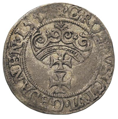 grosz 1557, Gdańsk, typ późniejszy z dużą głową króla, T. 4, nierównomierna patyna, rzadki