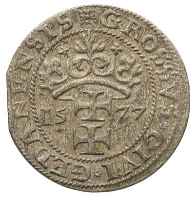 grosz oblężniczy 1577, Gdańsk, moneta bez kawki wybita w czasie gdy zarządca mennicy był K. Goebl,  napis na awersie rozpoczyna się i kończy gwiazdką a głowa Chrystusa nie przerywa obwódki, T. 2,50,  ładnie zachowany egzemplarz, rzadki