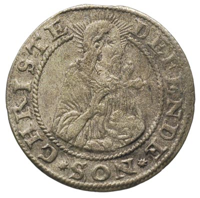 grosz oblężniczy 1577, Gdańsk, moneta bez kawki wybita w czasie gdy zarządca mennicy był K. Goebl, na awersie napis bez gwiazdek a głowa Chrystusa przerywa obwódkę, T. 2,50, rzadki