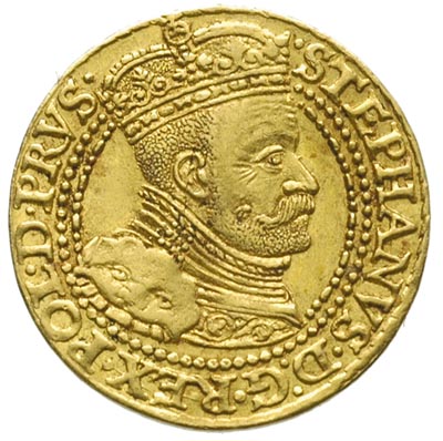 dukat 1586, Gdańsk, Kaleniecki str. 64-67, H-Cz. 770 R, Fr. 3, T. 25, złoto 3.51 g, lekko zgięty, ale bardzo ładny egzemplarz, patyna
