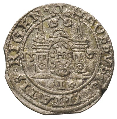 grosz 1581, Ryga, Gerbaszewski 3.4, odmiana z datą 15-81 po bokach herbu, drobna wada blachy