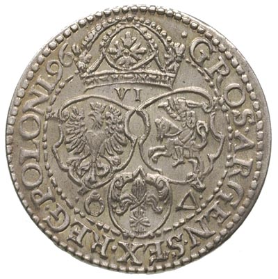 szóstak 1596, Malbork, na awersie i rewersie korony nie łączą się z zewnętrzną obwódką, bardzo ładny