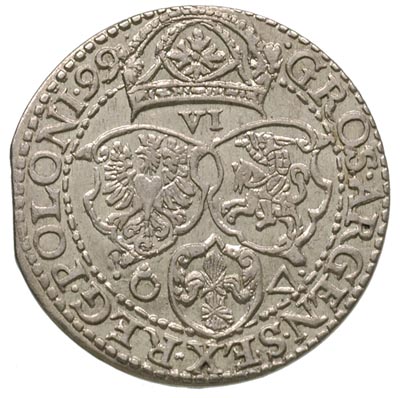 szóstak 1599, Malbork, rzadsza odmiana z dużą gową króla, bardzo ładny