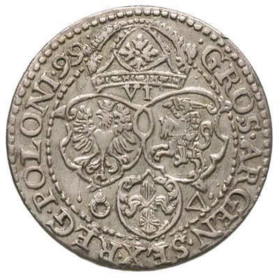 szóstak 1599, Malbork, odmiana z małą głową króla, egzemplarz nieco niecentrycznie wybity