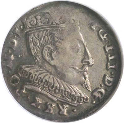 trojak 1594, Wilno, Ivanauskas 1062:210, moneta w pudełku NGC z certyfikatem AU 55, ładne lustro mennicze, patyna