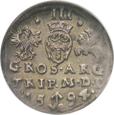 trojak 1594, Wilno, Ivanauskas 1062:210, moneta w pudełku NGC z certyfikatem AU 55, ładne lustro mennicze, patyna