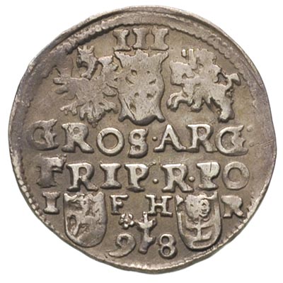 trojak 1598, Poznań, rzadsza odmiana z literami I - F H - R, patyna