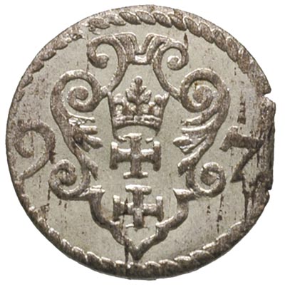 denar 1597, Gdańsk, drobna wada blachy, duże lus