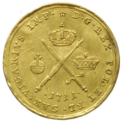 dukat wikariacki 1711, Drezno, Aw: Król na koniu, Rw: Insygnia, złoto 3.46 g, Merseb. 1485, Fr. 2823