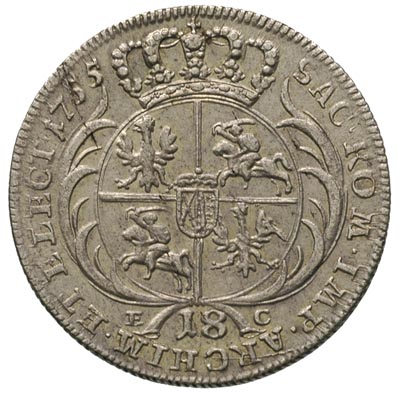 ort 1755, Lipsk, duże popiersie króla, małe cyfry daty i litery E - C, Merseb. 1782, bardzo ładny egzemplarz, delikatna patyna