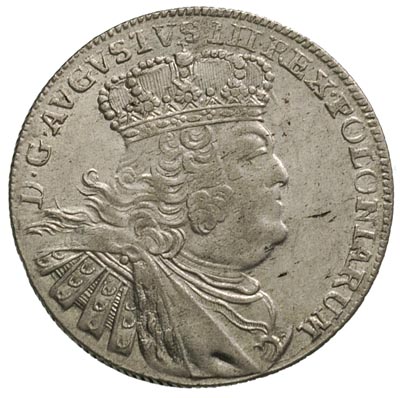 ort 1755, Lipsk, duże popiersie króla, małe cyfry daty i litery E - C, Merseb. 1782, dość ładnie zachowany