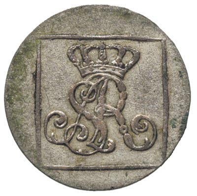 grosz srebrem 1767, Warszawa, korona nad monogramem płaska, Plage 217, miejscowa zielona patyna