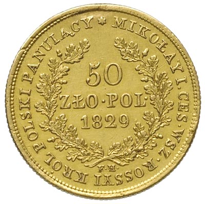 50 złotych 1829, Warszawa, złoto 9.76 g, Plage 10, Bitkin 985 R 1, Fr. 109, minimalny ślad po uchu, bardzo rzadkie