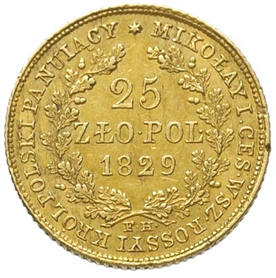 25 złotych 1829, Warszawa, złoto 4.88 g, Plage 20, Bitkin 980 R1, Fr. 110, rzadki i wyśmienicie zachowany egzemplarz